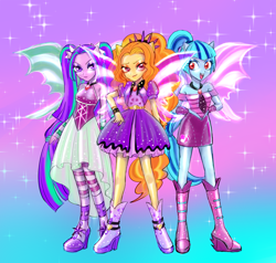 Size: 4300x4100 | Tagged: safe, artist:ゆばん, adagio dazzle, aria blaze, sonata dusk, equestria girls, rainbow rocks, bare shoulders, boots, clothes, female, gradient background, high heel boots, looking at you, miniskirt, pigtails, pixiv, ponytail, shoes, skirt, sleeveless, the dazzlings, trio, twintails