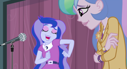 Size: 1485x810 | Tagged: safe, screencap, princess celestia, princess luna, principal celestia, vice principal luna, equestria girls, friendship games, club can't handle me, cropped, cute, cutelestia, dancing, duo, end credits, lunabetes, microphone, open mouth, photo, right there in front of me, singing, smiling, spoiler