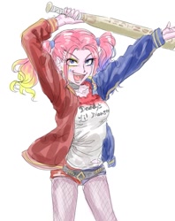 Size: 635x800 | Tagged: safe, artist:invisibleone11, pinkie pie, equestria girls, baseball bat, clothes, cosplay, costume, cutie mark, cutie mark on equestria girl, harley quinn, midriff, pinkie quinn, simple background, suicide squad, white background