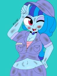 Size: 1536x2048 | Tagged: safe, artist:c_w, sonata dusk, equestria girls, belly button, blushing, breasts, dirty, happy, hat, mechanic, one eye closed, plump, repair, smiling, sonata bust, thick, wink, work clothes