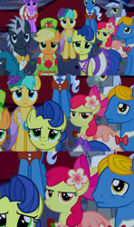 Size: 720x1215 | Tagged: safe, screencap, apple bloom, applejack, caesar, dark moon, graphite, masquerade, north star, perfect pace, perry pierce, pokey pierce, sunshower raindrops, earth pony, pony, unicorn, make new friends but keep discord, apple bloom is not amused, clothes, crowd, dress, group, tenso, unamused