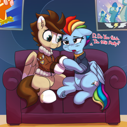 Size: 4084x4084 | Tagged: safe, artist:pabbley, derpibooru import, rainbow dash, oc, oc:skittle, pegasus, pony, the last problem, belly button, canon x oc, clothes, coat, coat markings, dialogue, female, hoof hold, male, mare, older, older rainbow dash, open mouth, shirt, sitting, skidash, socks (coat marking), sofa, stallion, underhoof