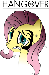 Size: 1446x2210 | Tagged: safe, artist:shysolid, fluttershy, pegasus, pony, abuse, bruised, bust, flutterbuse, gap teeth, parody, portrait, simple background, solo, the hangover, title, transparent background
