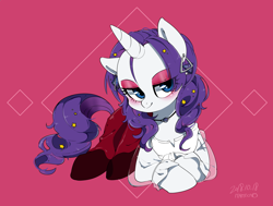 Size: 1720x1300 | Tagged: safe, artist:potetecyu_to, rarity, pony, unicorn, alternate hairstyle, clothes, dress, ear piercing, earring, eyeshadow, jewelry, looking at you, makeup, piercing, smiling, solo