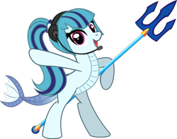 Size: 3345x2630 | Tagged: safe, artist:andrevus, sonata dusk, original species, pony, aqua coat, aquamarine eyeshadow, bipedal, earpiece, eyeshadow, female, fish tail, half-siren, headphones, headset, headset mic, holding, looking at you, mare, microphone, open mouth, open smile, ponified, ponytail, purple eyes, raised arm, simple background, smiling, smiling at you, solo, tongue, transparent background, trident, two toned mane, waving, waving at you, weapon