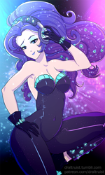 Size: 552x920 | Tagged: safe, artist:draltruist, rarity, equestria girls, equestria girls series, the other side, beautiful, belly button, breasts, cleavage, clothes, dress, eyeshadow, fabulous, female, gloves, hand on hip, headphones, lidded eyes, lipstick, looking down, makeup, raritits, smiling, solo, stupid sexy rarity