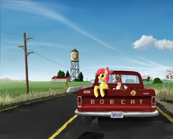 Size: 5000x4000 | Tagged: safe, artist:lightly-san, apple bloom, applejack, winona, earth pony, pony, absurd resolution, applejack's hat, bobcat (car), cowboy hat, grand theft auto, hat, power line, road, road sign, truck