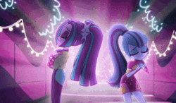 Size: 520x303 | Tagged: safe, screencap, adagio dazzle, aria blaze, sonata dusk, better together, equestria girls, find the magic, animated, clothes, dress, female, gif, minidress, singing, taco dress, the dazzlings, the dazzlings have returned