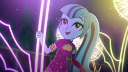 Size: 1280x720 | Tagged: safe, screencap, sonata dusk, better together, equestria girls, find the magic, armband, beautiful, clothes, cute, dress, night, ponytail, smiling, solo, sonatabetes, stars, taco dress, tree, when she smiles