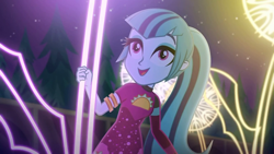 Size: 1336x752 | Tagged: safe, screencap, adagio dazzle, aria blaze, sonata dusk, better together, equestria girls, find the magic, cute, ponytail, smiling, sonatabetes, taco dress, the dazzlings, when she smiles