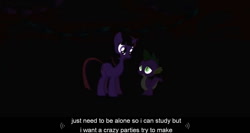 Size: 1000x531 | Tagged: safe, derpibooru import, screencap, spike, twilight sparkle, dragon, meme, youtube caption