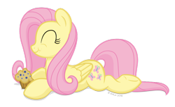 Size: 1024x629 | Tagged: safe, artist:littlehybridshila, fluttershy, pegasus, pony, cute, eating, eyes closed, food, muffin, prone, shyabetes, simple background, solo, transparent background