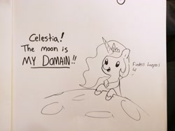 Size: 4160x3120 | Tagged: safe, artist:tjpones, princess celestia, alicorn, pony, bitchlestia, black and white, dialogue, female, grayscale, implied princess luna, lineart, mare, monochrome, moon, offscreen character, simple background, solo, tangible heavenly object, traditional art