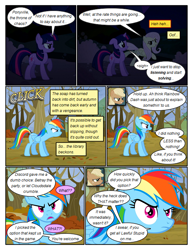 Size: 612x792 | Tagged: safe, artist:newbiespud, derpibooru import, edit, edited screencap, screencap, applejack, fluttershy, rainbow dash, twilight sparkle, unicorn twilight, earth pony, pegasus, pony, unicorn, comic:friendship is dragons, the return of harmony, annoyed, comic, dialogue, discorded, dust, flutterbitch, freckles, frown, hat, implied discord, leaves, liarjack, night, onomatopoeia, raised hoof, screencap comic, sigh, soap bubble, tree