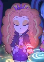 Size: 778x1080 | Tagged: safe, screencap, adagio dazzle, aria blaze, sonata dusk, better together, equestria girls, find the magic, clothes, cropped, eyes closed, female, gem, jewelry, necklace, offscreen character, siren gem