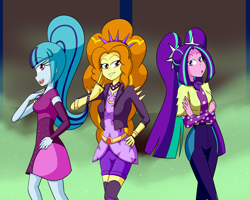 Size: 2000x1600 | Tagged: safe, artist:jake heritagu, adagio dazzle, aria blaze, sonata dusk, better together, equestria girls, find the magic, bracelet, clothes, jacket, jewelry, leather jacket, pigtails, polka dots, ponytail, shorts, spiked headband, the dazzlings, twintails