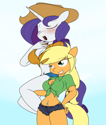Size: 866x1021 | Tagged: safe, artist:sandwich-anomaly, applejack, rarity, anthro, accessory swap, applerack, belly button, bellyring, blushing, breasts, carrying, cleavage, clothes, daisy dukes, female, front knot midriff, grin, lesbian, midriff, panties, piercing, rarijack, raritits, shipping, shorts, simple background, thong, underwear