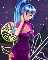 Size: 1600x2000 | Tagged: safe, artist:focusb, sonata dusk, human, better together, equestria girls, find the magic, female, gem, human coloration, siren gem, smiling, solo, taco dress