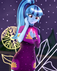 Size: 1600x2000 | Tagged: safe, alternate version, artist:focusb, sonata dusk, better together, equestria girls, find the magic, cute, female, gem, ponytail, siren gem, smiling, solo, sonatabetes, taco dress