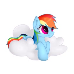 Size: 1024x1024 | Tagged: safe, artist:novabytes, derpibooru import, rainbow dash, pegasus, pony, chest fluff, cloud, cute, dashabetes, eye clipping through hair, female, mare, on a cloud, prone, simple background, solo, white background