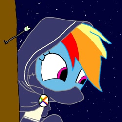 Size: 640x640 | Tagged: safe, derpibooru exclusive, derpibooru import, rainbow dash, pegasus, pony, 1000 hours in ms paint, arrow, hood, night, solo