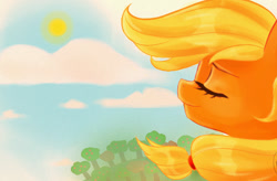 Size: 915x600 | Tagged: safe, artist:ponyix, applejack, earth pony, pony, bust, eyes closed, portrait, sky, solo, sun