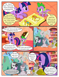 Size: 612x792 | Tagged: safe, artist:newbiespud, derpibooru import, edit, edited screencap, screencap, applejack, fluttershy, pinkie pie, rainbow dash, rarity, spike, tom, twilight sparkle, dragon, earth pony, pegasus, pony, unicorn, comic:friendship is dragons, the return of harmony, angry, arm behind head, book, bookcase, cleaning, comic, crossed arms, dialogue, elements of harmony, eyes closed, female, flutterbitch, flying, freckles, frown, greedity, hat, liarjack, looking down, male, mane seven, mane six, mare, prone, rock, screencap comic, sitting, sleeping, slit eyes, smiling, talking book, towel