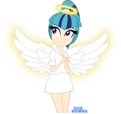 Size: 1102x1039 | Tagged: safe, artist:anime-equestria, sonata dusk, angel, human, equestria girls, beautiful, clothes, eyeshadow, female, glow, halo, human coloration, humanized, makeup, miniskirt, ponytail, simple background, skirt, smiling, solo, transparent background, vector, wings