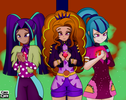 Size: 4000x3200 | Tagged: safe, artist:caoscore, adagio dazzle, aria blaze, sonata dusk, better together, equestria girls, find the magic, gem, human coloration, minidress, siren gem, taco dress, the dazzlings, the dazzlings have returned