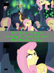 Size: 676x908 | Tagged: safe, edit, edited screencap, screencap, discord, fluttershy, changeling, pegasus, pony, to where and back again, animated, backpack, broken, changeling hive, close-up, clothes, comic, crying, defeated, frown, gif, grin, headcanon, implied chrysalis, multeity, scarf, screencap comic, shapeshifting, smiling, text, zoom