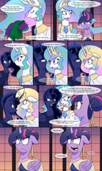 Size: 1080x1818 | Tagged: safe, artist:jase1505, princess celestia, princess luna, twilight sparkle, twilight sparkle (alicorn), oc, oc:buggy code, alicorn, pony, unicorn, comic:night at the gala, series:sunlight horizons, angry, blatant lies, clothes, comic, dress, ethereal mane, gala dress, galaxy mane, grin, nervous, nervous grin, sad, scared, shocked, smiling, surprised