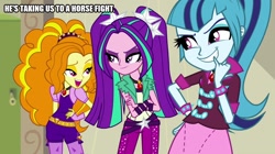 Size: 896x500 | Tagged: safe, edit, edited screencap, screencap, adagio dazzle, aria blaze, sonata dusk, equestria girls, rainbow rocks, caption, clothes, female, image macro, pigtails, ponytail, skirt, text, the dazzlings, twintails