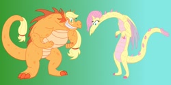 Size: 1280x639 | Tagged: safe, artist:catstuxedo, color edit, edit, applejack, fluttershy, dragon, colored, dragonified, species swap, vector, vector edit