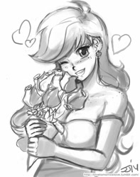 Size: 709x900 | Tagged: safe, artist:johnjoseco, applejack, human, clothes, earring, female, flower, grayscale, heart, humanized, looking at you, monochrome, open mouth, piercing, solo, wink