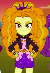 Size: 580x852 | Tagged: safe, screencap, adagio dazzle, aria blaze, sonata dusk, equestria girls, equestria girls series, sunset's backstage pass!, spoiler:eqg series (season 2), angry, clothes, cropped, female, jacket, leather jacket, offscreen character, shorts, solo focus, spiked headband, spiked wristband, spikes, wristband