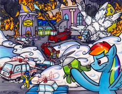 Size: 3288x2534 | Tagged: safe, artist:sketchywolf-13, derpibooru import, rainbow dash, tank, oc, pegasus, pony, tanks for the memories, 59 cadillac, 59 chevy, ambulance, burning, cadillac, car, chevrolet, cloudsdale, destruction, evil grin, explosion, factory, female, fire, fire engine, grin, mare, police car, rainbow grinch, smiling, traditional art, truck, weather factory