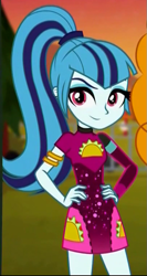 Size: 405x764 | Tagged: safe, screencap, adagio dazzle, sonata dusk, better together, equestria girls, sunset's backstage pass!, clothes, cropped, dress, female, food, hand on hip, looking at you, minidress, offscreen character, ponytail, smiling, solo focus, taco, taco dress