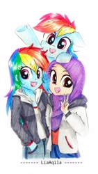 Size: 2230x3965 | Tagged: safe, artist:liaaqila, derpibooru import, rainbow dash, oc, pony, equestria girls, female, hijab, self ponidox, smiling, traditional art, trio