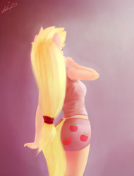 Size: 1800x2366 | Tagged: safe, artist:limchph2, applejack, anthro, clothes, eyes closed, from behind, morning ponies, panties, solo, stretching, tanktop, underwear