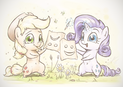 Size: 1440x1018 | Tagged: safe, artist:assasinmonkey, part of a set, applejack, rarity, earth pony, pony, unicorn, apples & gems calendar, chibi, cute, frown, frown upside down, paper, smiling