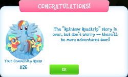 Size: 855x518 | Tagged: safe, derpibooru import, barley barrel, pickle barrel, rainbow dash, pegasus, pony, rainbow roadtrip, flying, gameloft, limited-time story, spread wings, wings