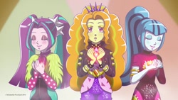 Size: 1280x721 | Tagged: safe, artist:eli-pic, adagio dazzle, aria blaze, sonata dusk, better together, equestria girls, find the magic, :o, cute, eye clipping through hair, eyes closed, female, gem, open mouth, scene interpretation, singing, siren gem, the dazzlings, trio