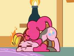 Size: 1280x960 | Tagged: safe, artist:flutterluv, pinkie pie, earth pony, pony, atg 2016, burning, eyes closed, fire, newbie artist training grounds, on fire, solo, tired