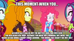 Size: 889x500 | Tagged: safe, edit, edited screencap, screencap, adagio dazzle, aria blaze, pinkie pie, sonata dusk, better together, equestria girls, sunset's backstage pass!, caption, female, image macro, lesbian, shipping, text, the dazzlings, trying too hard