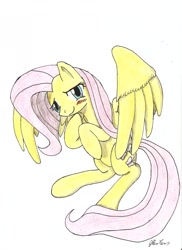 Size: 1700x2338 | Tagged: safe, artist:stardustchild01, fluttershy, pegasus, pony, bipedal, blushing, cute, looking at you, shyabetes, simple background, solo, spread wings, traditional art, white background
