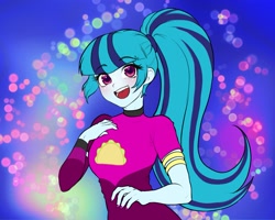 Size: 2041x1633 | Tagged: safe, artist:rileyav, sonata dusk, better together, equestria girls, find the magic, blushing, bracelet, clothes, cute, female, happy, jewelry, open mouth, ponytail, smiling, solo, sonatabetes, taco dress, teeth