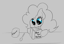 Size: 1000x686 | Tagged: safe, artist:cyle, pinkie pie, earth pony, pony, book, flour, flour sack, how to, newbie artist training grounds, reading, solo, spoon