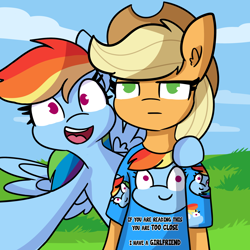 Size: 2250x2250 | Tagged: safe, artist:tjpones, derpibooru import, applejack, rainbow dash, earth pony, pegasus, pony, semi-anthro, appledash, applejack is not amused, applejack's hat, bipedal, clingy, clothes, cloud, cowboy hat, fan shirt, female, grass, hat, lesbian, no pupils, obsessive girlfriend, open mouth, possessive, shipping, shirt, sky, text, unamused, yandere, yanderebow dash