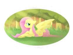 Size: 600x450 | Tagged: safe, artist:laps-sp, fluttershy, pegasus, pony, colored hooves, crepuscular rays, floppy ears, forest, looking at you, looking back, lying down, smiling, solo, spread wings