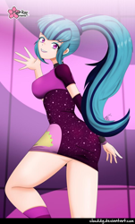 Size: 668x1106 | Tagged: safe, alternate version, artist:clouddg, sonata dusk, human, better together, equestria girls, find the magic, ass, breasts, butt, clothes, female, human coloration, legs, lipstick, looking at you, looking back, looking back at you, minidress, signature, smiling, solo, sonata bust, sonata donk, taco dress, thighs